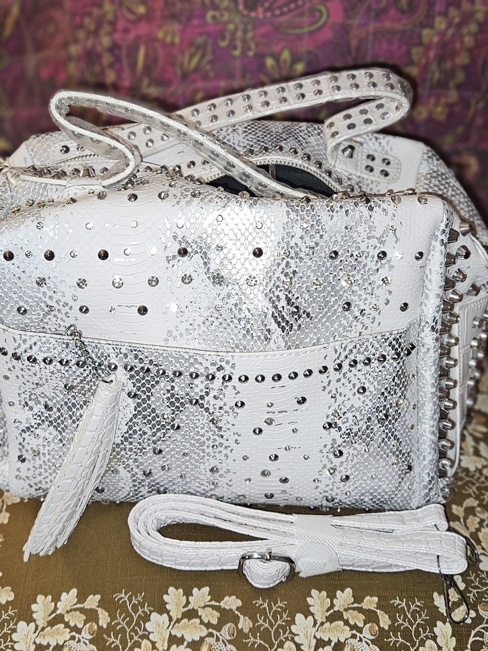 White Studded Snake-Texture Women’s Shoulder Bag
